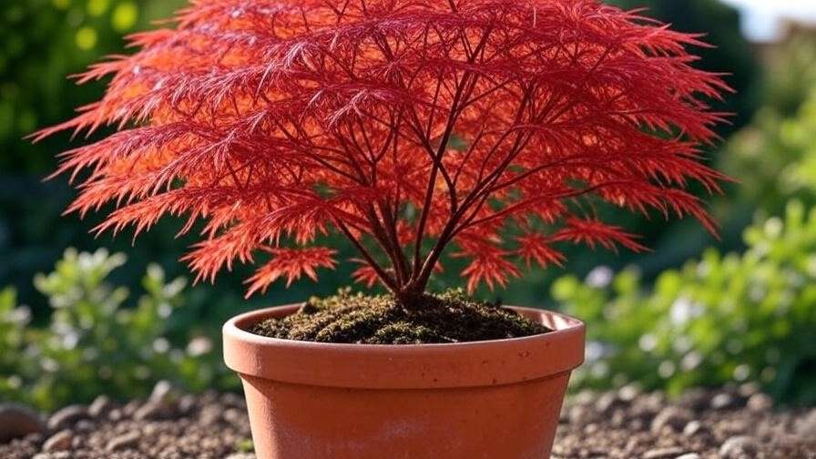 Close-up of a dwarf Japanese maple tree in a terracotta pot with vibrant red foliage