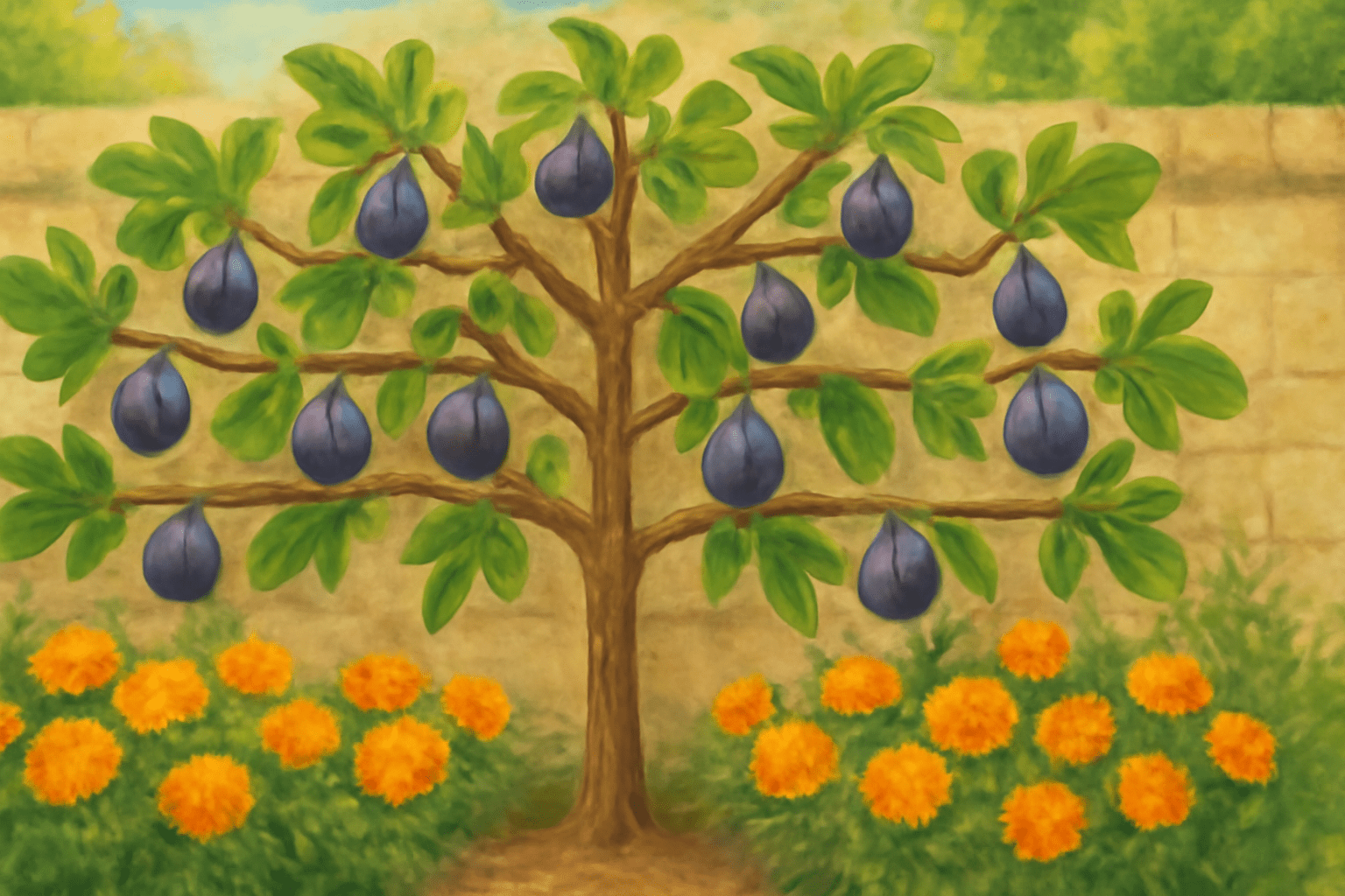 Espalier-trained fig tree with ripe figs and marigold companion plants against a garden wall."