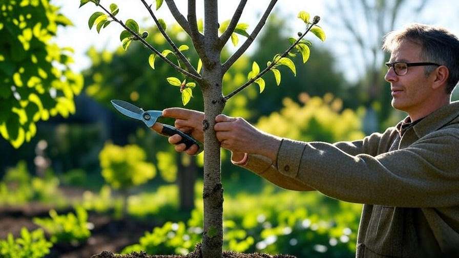 Gardener pruning young cherry tree with central leader structure in bright garden."