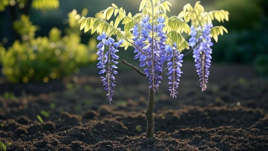 Young blue wisteria tree supported by a stake in a garden, showcasing training process."