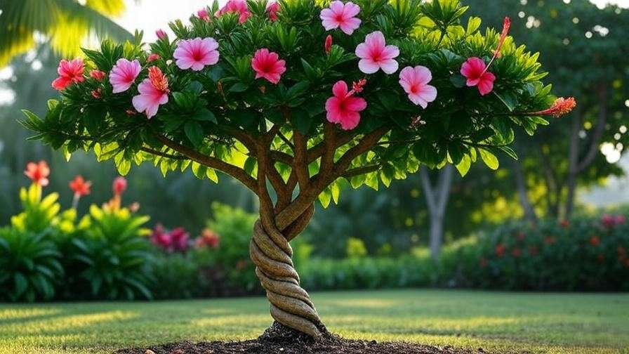 Single hibiscus tree with a braided trunk in a well-maintained tropical garden."