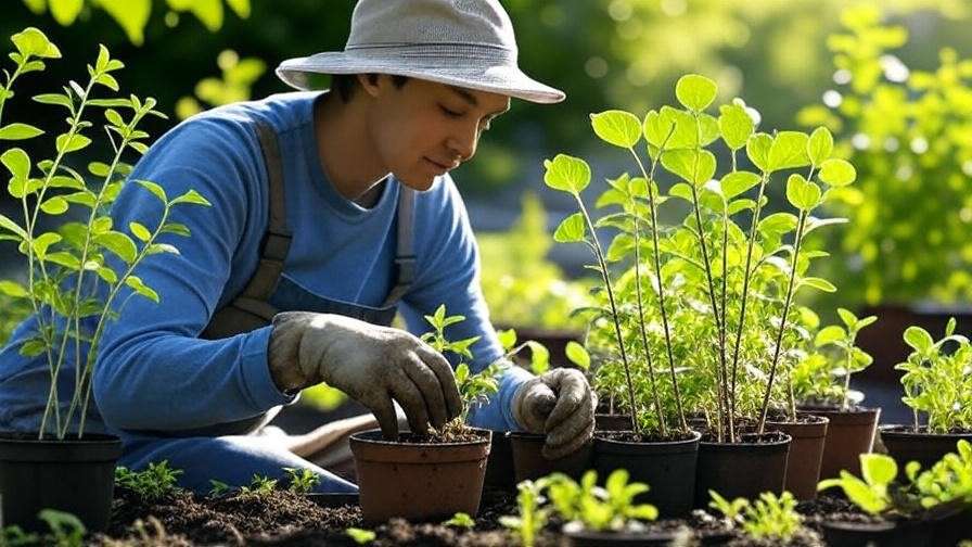 "Gardener transplanting aspen seedlings into pots in a sunny outdoor garden"