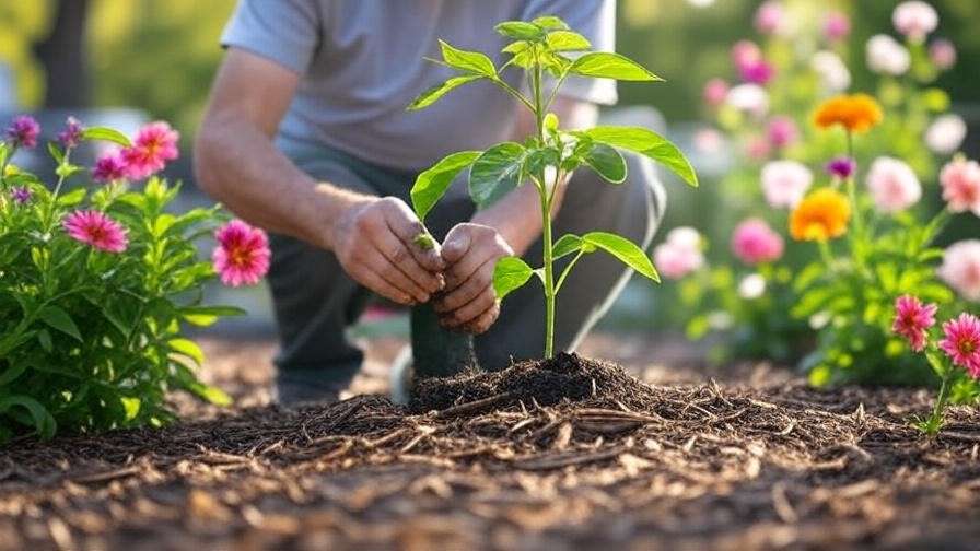 Gardener transplanting a catalpa seedling into a sunny garden bed with mulch."