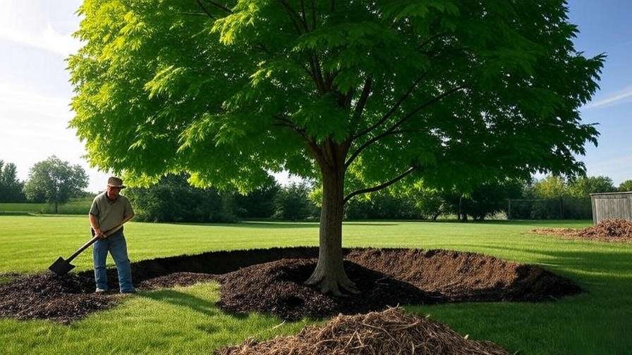 Transplanting a sugar maple tree with gardener and mulch in backyard