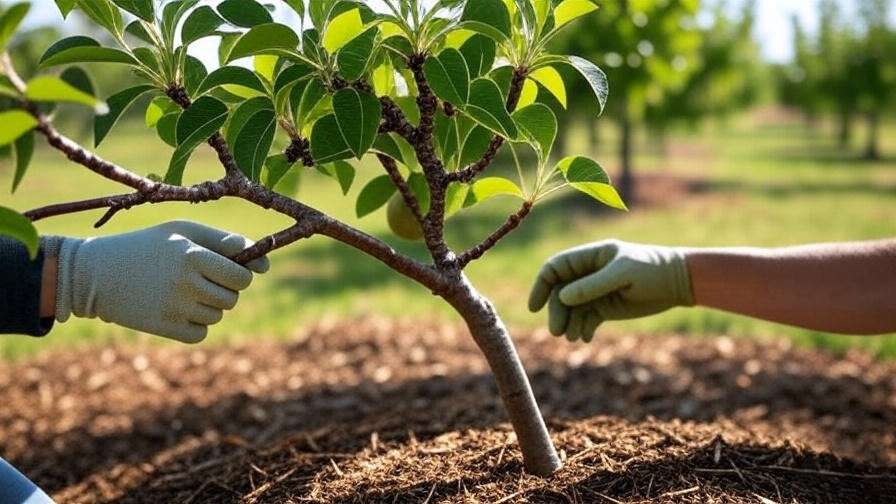 Gardener testing soil and mulching around a pear tree with healthy green leaves in a sunny orchard.