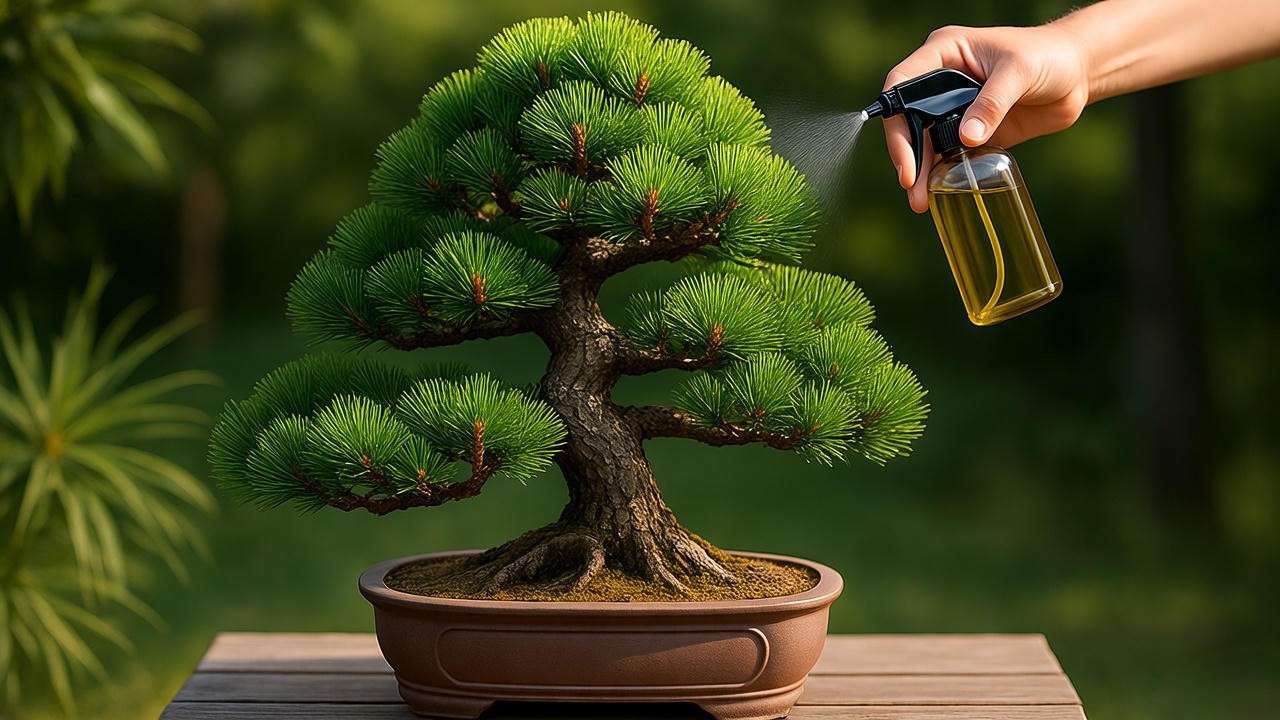 Applying neem oil to a Picea bonsai tree with pest damage in an outdoor setting."