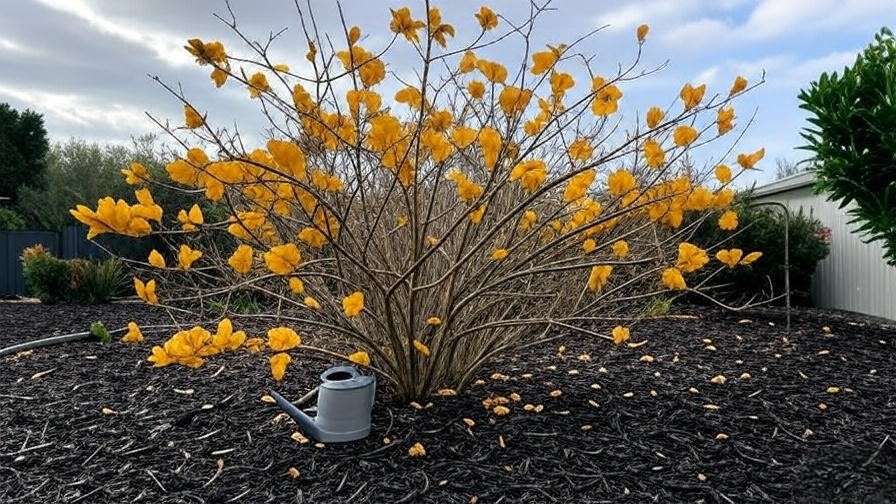 Bougainvillea tree with yellowing leaves in a garden bed with mulch and watering can."