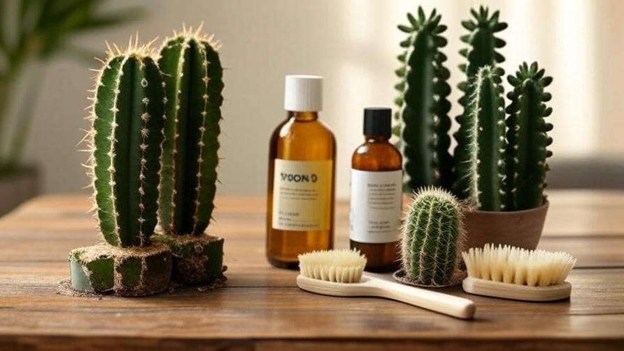 Cactus with mealybug damage next to a healthy treated cactus with neem oil."