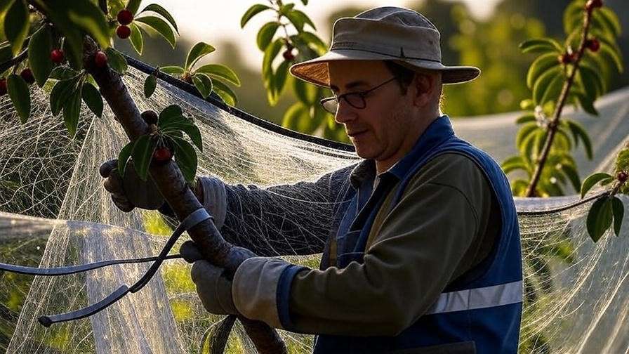 Orchard worker installing bird netting and reflective tape on a cherry tree.