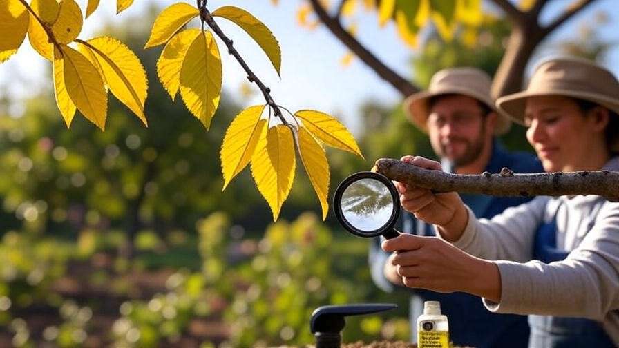 Cherry tree with yellow leaves and gardener inspecting for pests"