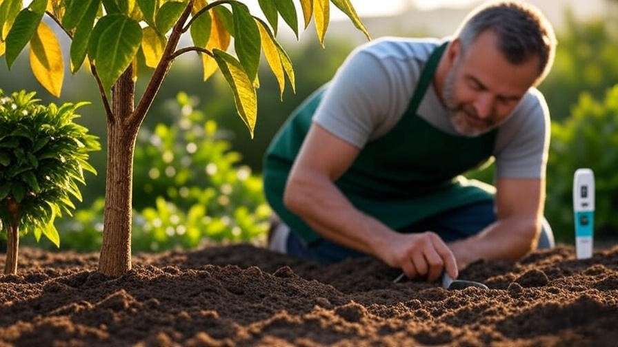 "Cinnamon tree with yellowing leaves and gardener inspecting soil".