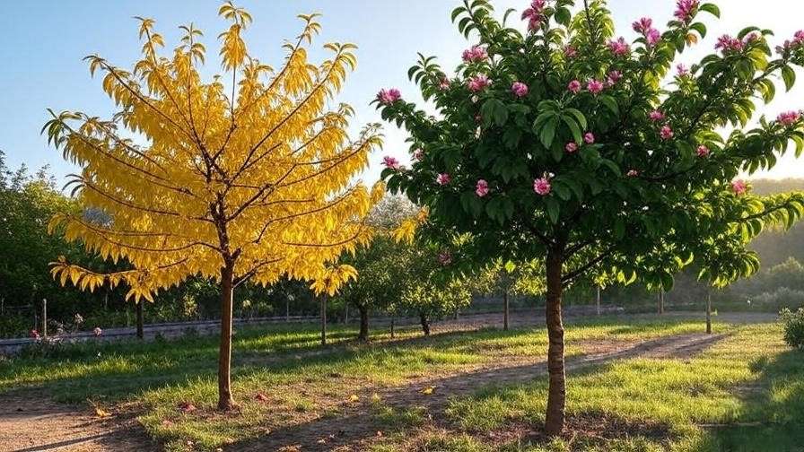 Comparison of a flower peach tree with yellowing leaves and a healthy tree in a garden".
