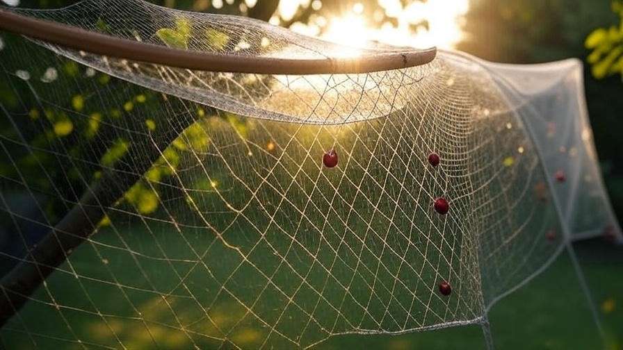 Large-mesh nylon netting on a cherry tree with a hoop frame, allowing a bee to fly freely in a garden at golden hour.