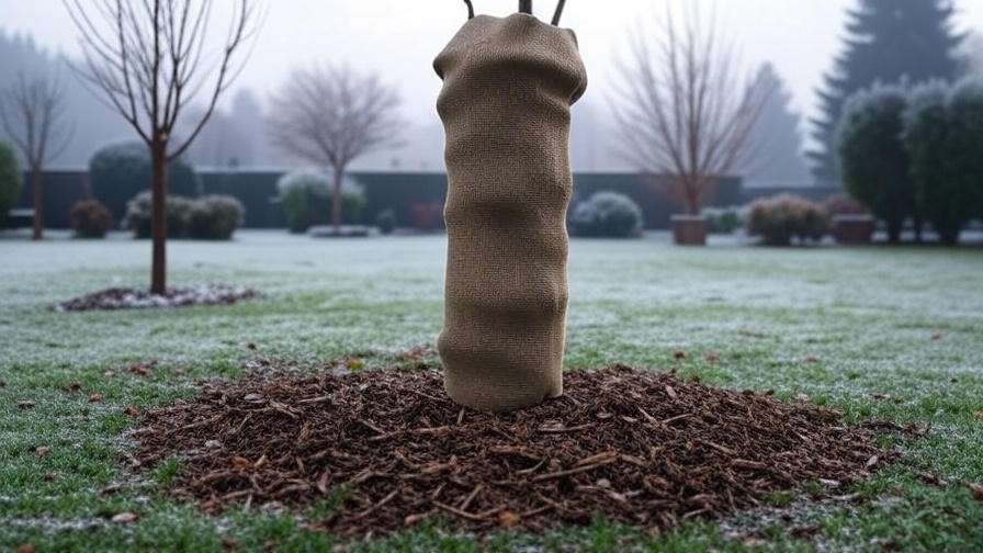 Winter-protected Olive Arbequina tree with burlap and mulch in a frosty garden"
