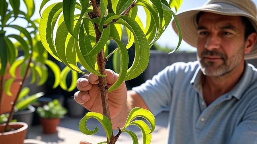 Patio peach tree with peach leaf curl being inspected by a gardener on a patio."