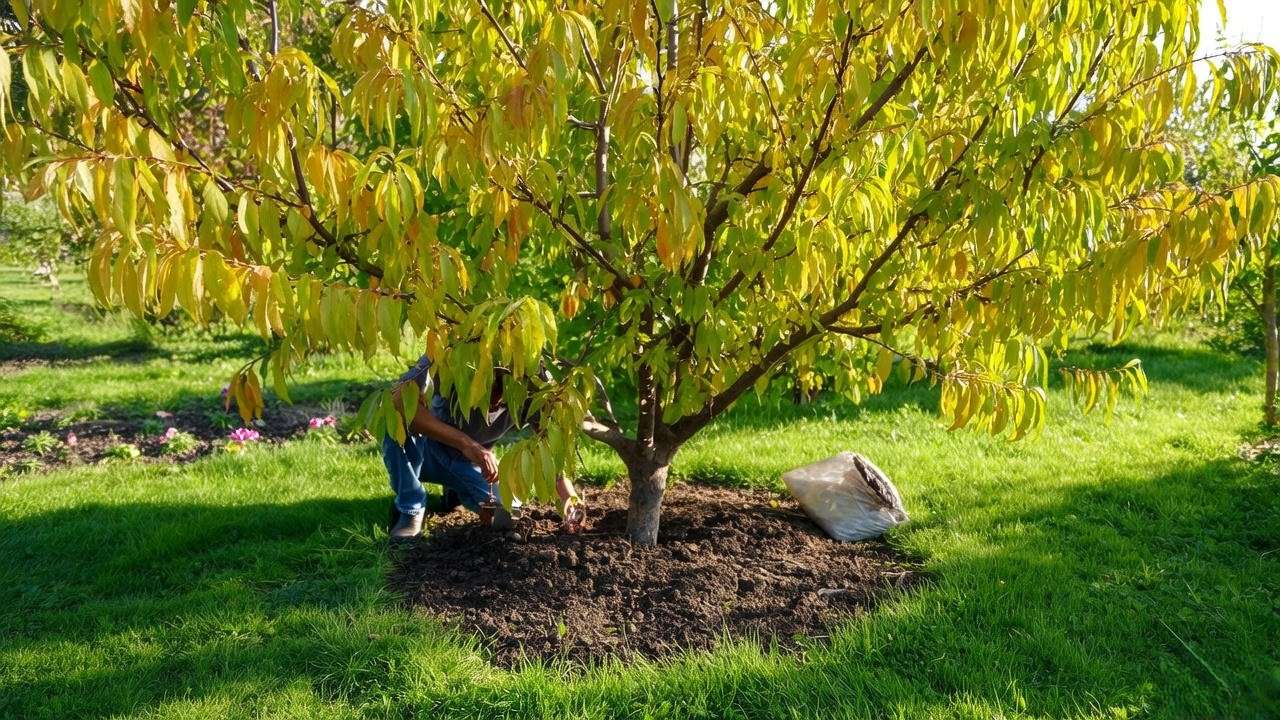Gardener troubleshooting yellowing peach tree leaves with soil tester in garden"