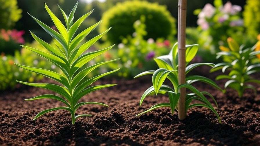 Comparison of weak and staked healthy tree lily plants with gardener support."