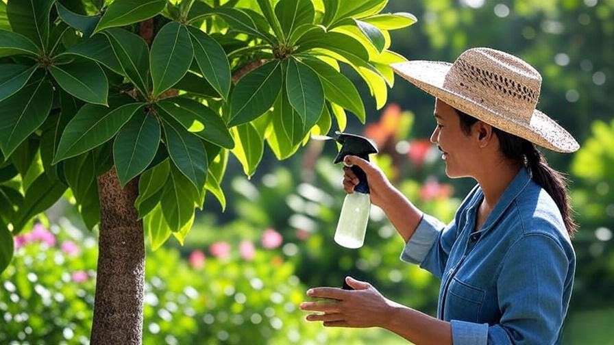 Gardener treating tumbo tree pest damage with neem oil in a tropical garden.