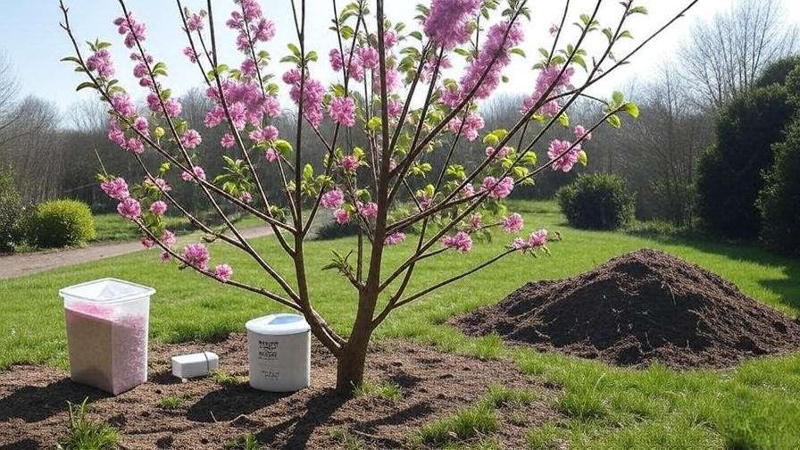 Pink flowering cherry tree with soil test kit and compost for bloom troubleshooting."