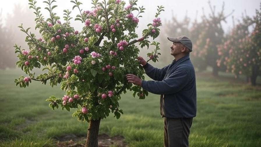 Gardener protecting apple tree blossoms from late spring frost