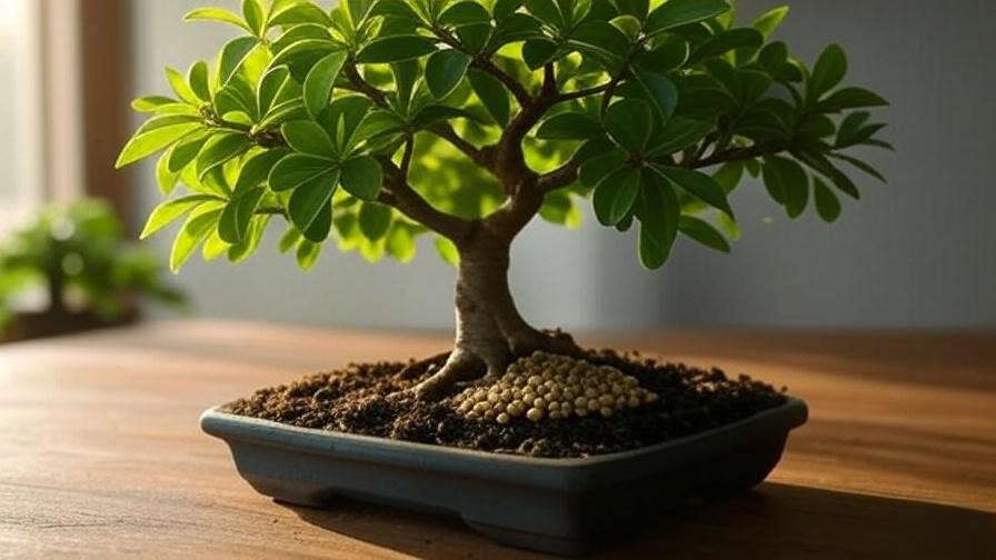 Close-up of a bonsai tree with organic fertilizer pellets on soil, natural light."