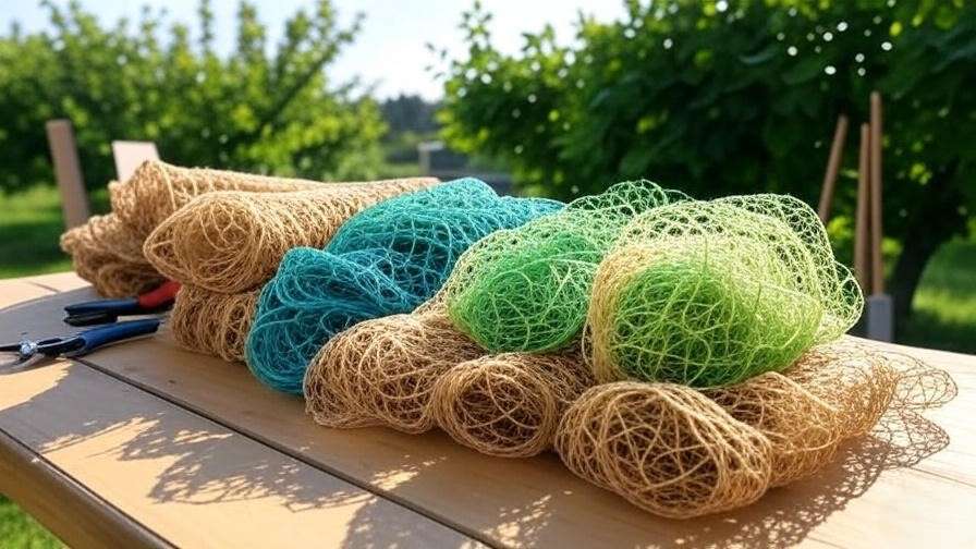 Various types of fruit tree netting, including polyethylene, nylon, and biodegradable jute, displayed on a wooden table in a lush garden with fruit trees in the background.