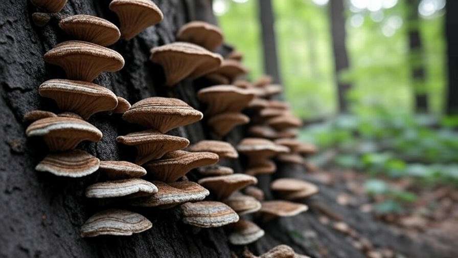 "Close-up of shelf fungi on tree trunk in forest, showcasing mushroom growth varieties."