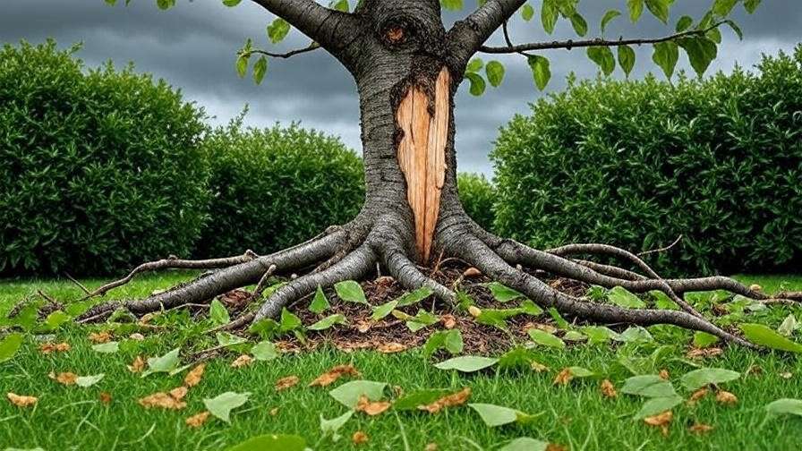 "Storm-damaged cherry tree with broken branches and split trunk in a garden."