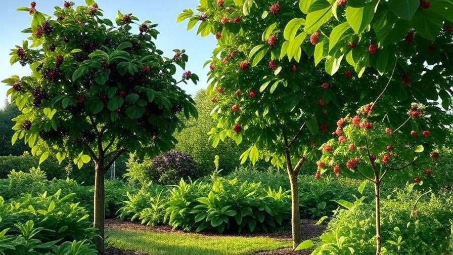 Variety of berries trees including mulberry, elderberry, and serviceberry with ripe fruit in a sunny garden."
