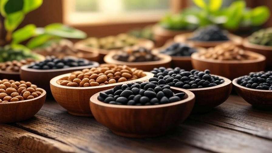 Close-up of bonsai tree seeds in wooden bowls with green foliage background".