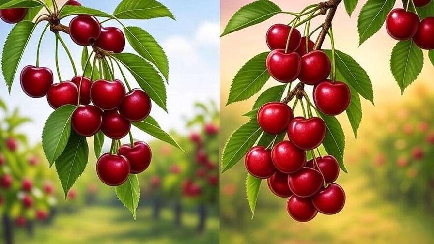 Infographic comparing ripe Bing and Montmorency cherries with color swatches on a tree branch.