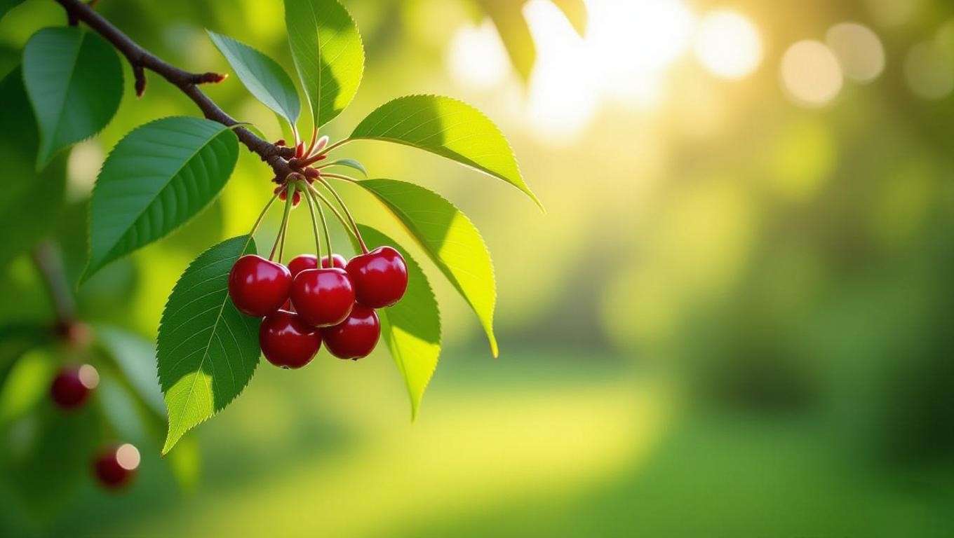 Close-up of a cherry tree with ripe cherries in a shaded garden with dappled sunlight."