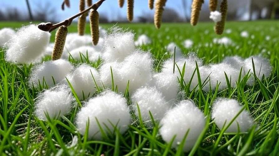 "Close-up of cottonwood tree seeds on a green lawn with catkins on a branch in spring."
