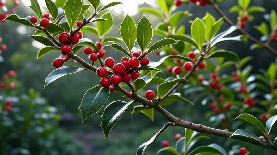 "Close-up of a healthy holly tree branch with red berries and green leaves in a garden."