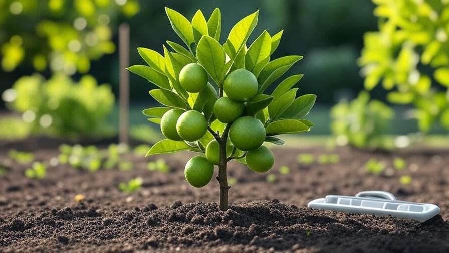 "Healthy lime tree with green leaves and ripe fruit near soil testing kit."