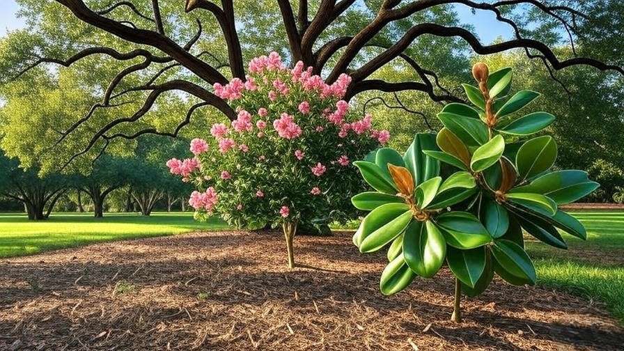 Vibrant southern trees like live oak, crape myrtle, and magnolia in a lush landscape, showcasing natural beauty.