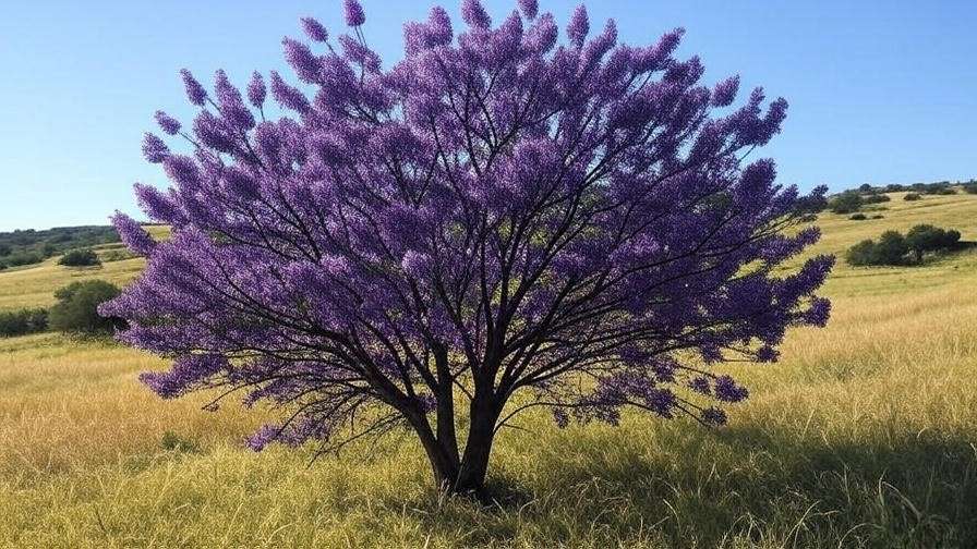 "Vibrant purple Vitex tree blooming in a sunny Texas landscape"