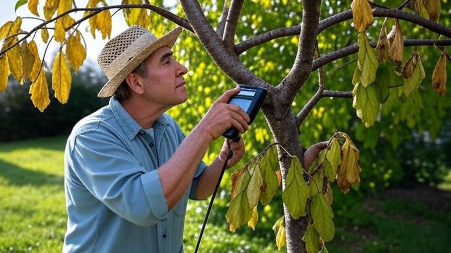Gardener inspecting droopy tree leaves and soil with moisture meter in backyard."