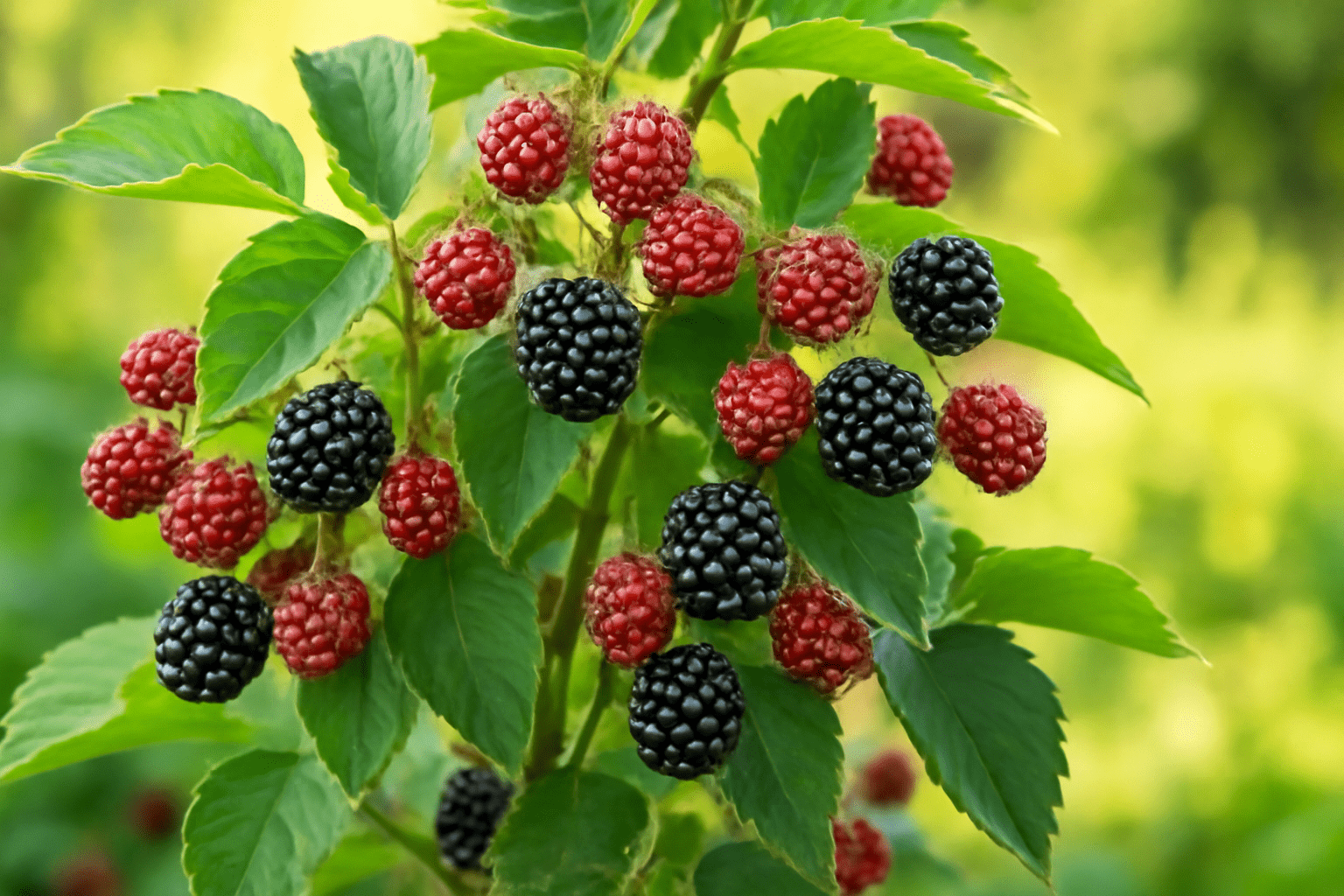 Close-up of Blackberry Ouachita tree with thornless canes and ripe blackberries in a sunny garden."