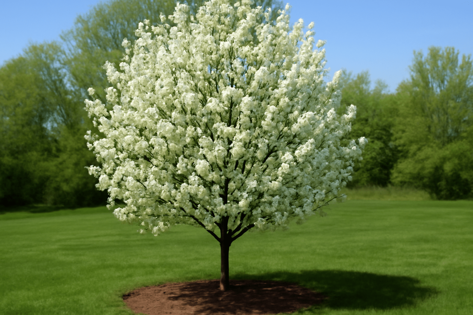Cleveland Pear Tree with white blossoms and green leaves in a mulched garden bed."