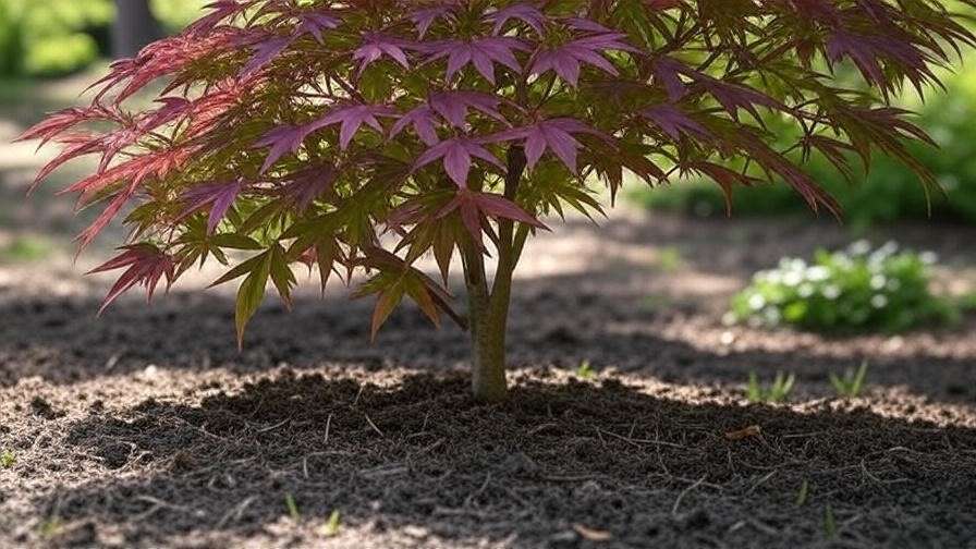 Close-up of a Japanese laceleaf maple tree with vibrant red and green lacy leaves in a mulched garden bed