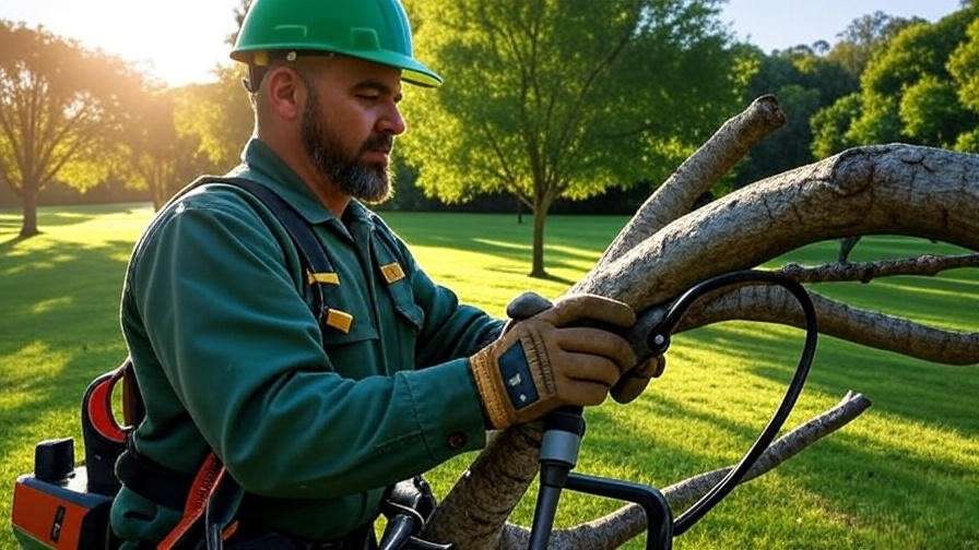 "Arborist using Jarraff tree trimmer to cut thick branch in lush landscape".