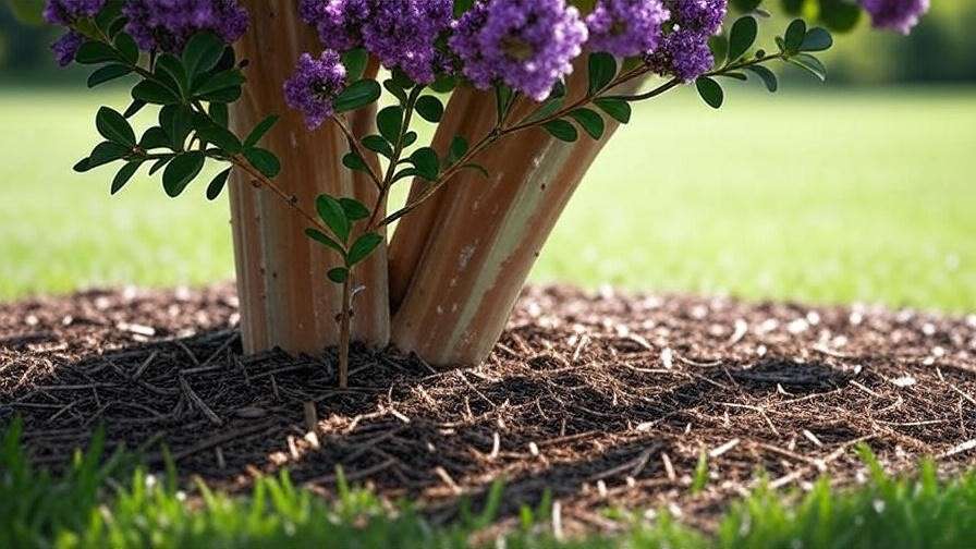 Close-up of lavender crape myrtle tree with purple blooms and peeling bark in a sunny garden."
