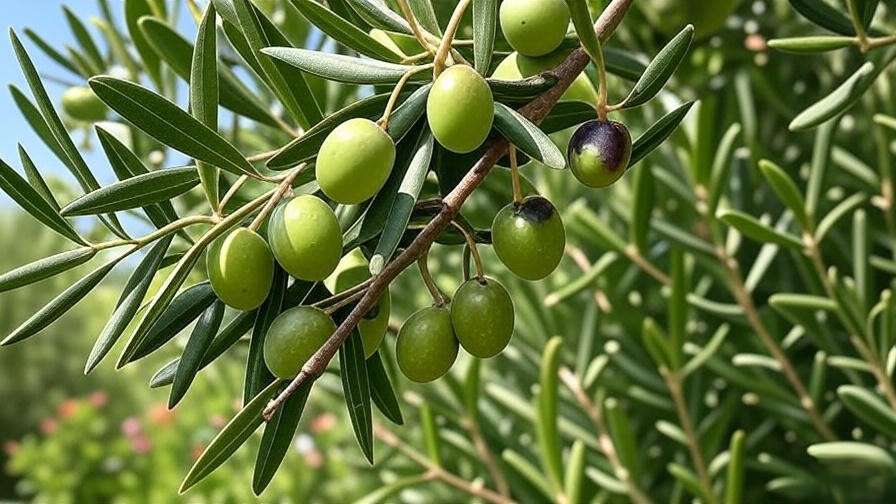 Close-up of an Olive Arbequina tree with ripe olives in a sunny Mediterranean garden"