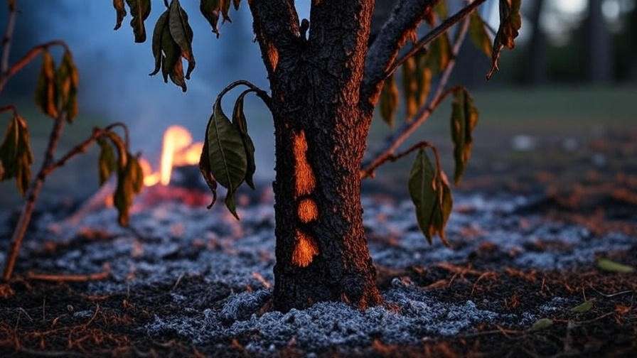 "Wilted peach tree leaves and scorched bark near a bonfire with smoke and ash, highlighting tree damage risks."