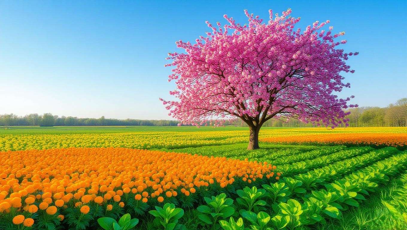 "Cherry tree surrounded by marigolds and mustard greens for nematode control."