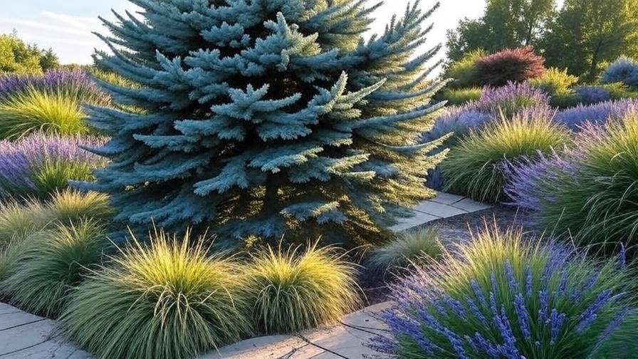 Ellwoodii tree as a focal point in a garden with lavender and ornamental grasses.