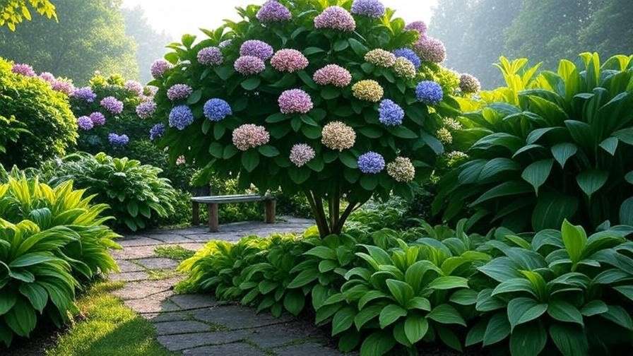 Garden with hydrangea tree as focal point and hostas