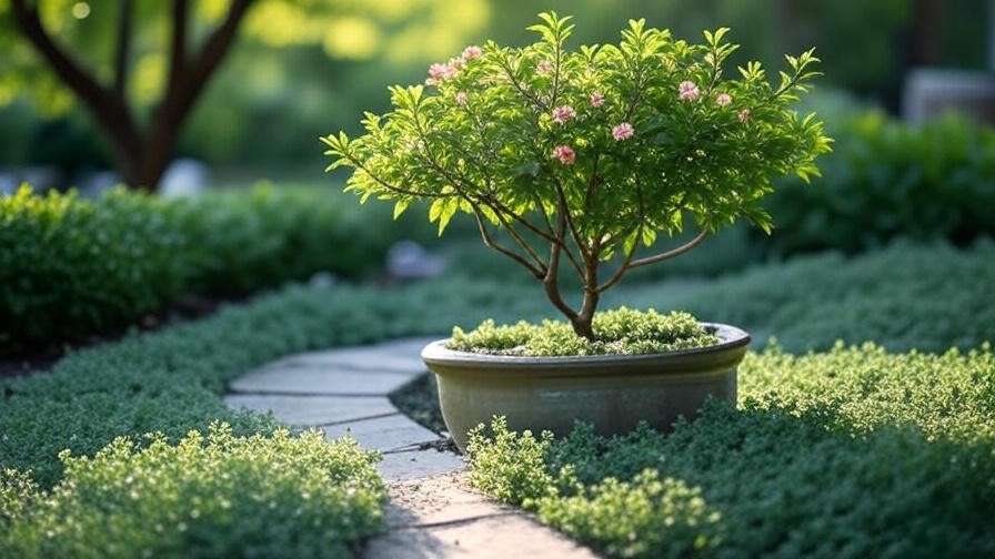 Legend Dogwood tree in a container with creeping thyme in a small shaded garden."