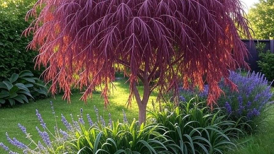 Vibrant purple willow tree as a focal point in a sunny garden with lavender and catmint."